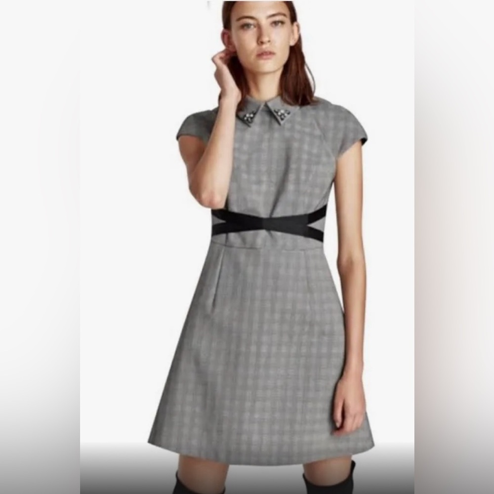 Zara Glen Plaid Structured Collared Jeweled Dress - size Small